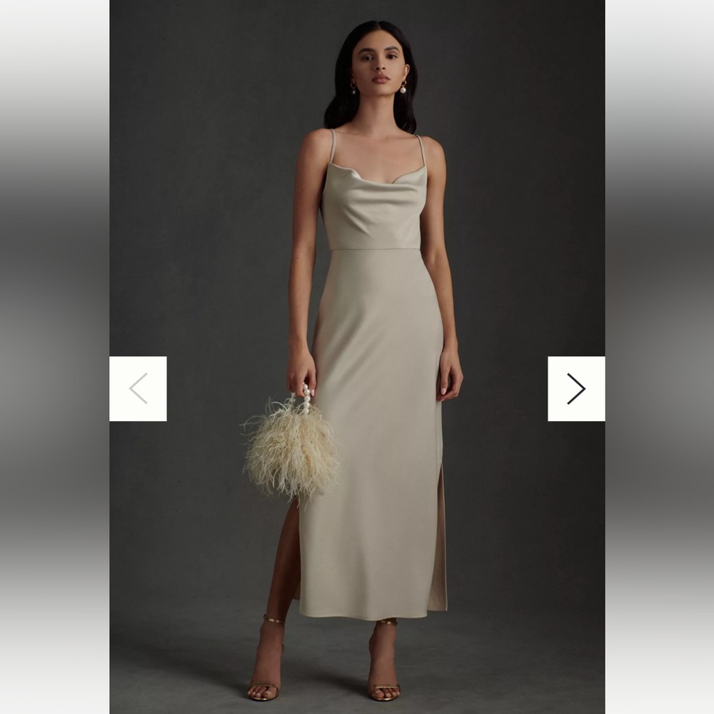 Champagne Bridesmaid Dress - BHLDN Cali Satin Cowl-Neck Midi Slip Dress